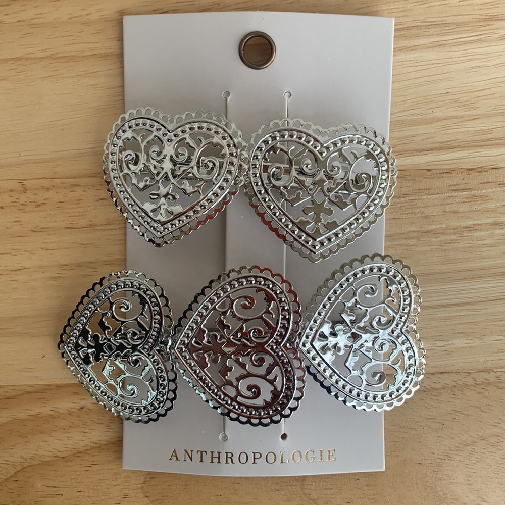 Anthropologie Silver Heart Barrettes set of 2. Just in time for Valentine’s Day